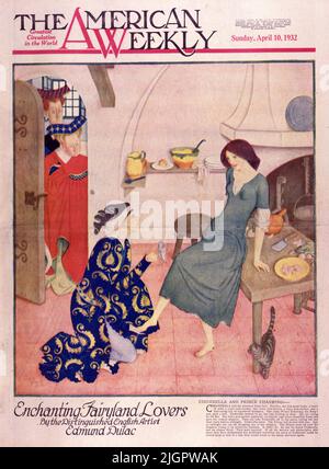 Cendrillon et Prince Charming ont publié 10 avril,1932 dans l'American Weekly peint par Edmund Dulac. Cendrillon avait les plus petits pieds. En outre, elle avait de bons regards, un coeur d'or, une mère cruelle, deux sœurs cruelles, une Godmather de fée et une vie déprimante de la drudgerie de ménage. Une nuit, le prince charmant a donné une balle. Cendrillon voulait partir mais n'avait rien à porter. Elle s'assit pleurer par le feu. Sa Godmather fée est apparue et a transformé ses chiffons en une belle robe et a donné ses chaussons en cristal. Puis elle a envoyé Cendrillon à la fête, lui disant qu'elle doit partir avant 12pm. Banque D'Images