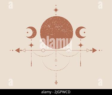 Triple Lune, géométrie sacrée, flèches mystiques, croissant de lune, lignes pointillées en style boho, icône wiccan, signe magique mystique ésotérique alchimie. Spirituel Illustration de Vecteur