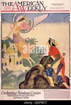 « Prince Ahmed et Peri-Banu » a publié 17 avril,1932 dans le magazine American Weekly Sunday peint par Edmund Dulac. Le père du prince Ahmed ne pouvait pas se demander lequel de ses trois fils sera le royaume. Il a frappé sur l'idée du donner à celui qui a tiré une flèche la plus éloignée. La flèche du prince Ahmed ne s'arrête pas. Il l'a suivi pendant des kilomètres. Il l'a dépassé à côté d'une grande porte sur le côté d'une montagne. Par elle, le prince Ahmen est entré dans une caverne merveilleuse. C'était la maison de la fée Peri-Banu qui avait plané sur invisible quand il a tourné, était instantanément tombé amoureux de lui. Banque D'Images