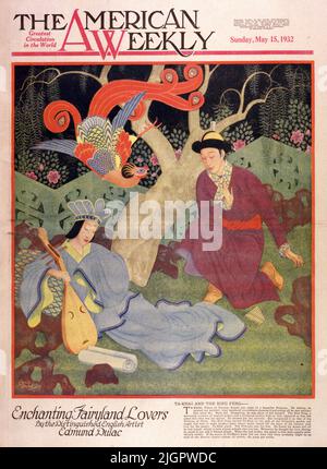 'Ta-Khai et The Bird Feng' publia 15 mai 1932 dans le magazine American Weekly Sunday peint par Edmund Dulac pour les amateurs de Fairyland. Ta-Khai, prince de Tartarary, rêvait une nuit d'une belle princesse. Au réveil, il peint son portrait, puis errait partout où il le montrait et lui demandant s'ils la connaissaient. Aucun ne l'a fait. En désappariement, il était sur le point de se tuer. Le Feng d'oiseau, une créature merveilleuse des pouvoirs magiques et une femme parfaite à plumes aussi, lui apparut et lui demanda quelle était la question. Il lui a montré le portrait. Elle l'a reconnu comme celle de la princesse de Chine. Banque D'Images