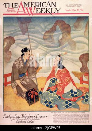 La fille du pêcheur et du roi-dragon a publié sur 29 mai 1932 dans le magazine American Weekly peint par Edmund Dulac. Il y a longtemps au Japon, Urashima Taro, un jeune pêcheur charmant, a vu des garçons torturer une tortue. Il leur a donné tout son argent pour lui, l'a porté à la terre et l'a libéré. La tortue lui a demandé s'il aimerait visiter la terre du roi de la mer du Dragon. Il a dit qu'il le ferait. À son arrivée, la tortue s’est transformée en une belle jeune fille, qui lui a dit qu’elle était la fille du roi du dragon, et qu’elle souhaitait qu’il vive éternellement avec elle là, où aucun ne grandit et où l’été s’éternise. Banque D'Images