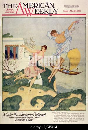 'Flora and Zephyr' publié sur 28 mai,1933 dans le magazine American Weekly Sunday peint par Edmund Dulac. Zephyr était le vent de l'Ouest. La flore était la déesse des fleurs. Apollon, Dieu du jour, était extrêmement friand de jacinthus, qui était une belle jeunesse. Un jour où Apollo jouait aux jeux de rôle, un jeu comme lancer les fers à cheval avec le jacinthus, Zephyr s'est produit le long. Il a fait un blason sur le quoit qui venait de quitter la main d’Apollo. Il frappa le jacinthus et le tua. Apollon le fit pleurer en fleur. Il aurait été difficile de punir Zephyr, parce qu'il était le vent favori des marins... Banque D'Images