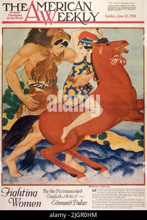 Hippolyte et Hercules ont publié 12 juin,1938 dans le magazine American Weekly Sunday peint par Edmund Dulac. La deuxième femme de combat héroïque de M. Dulac est également une Reine amazonienne qui a perdu dans le combat mortel contre un héros grec ancien. Hercules, l'homme fort olympique, obéit à un oracle et servit Eurysteus, roi d'Argos et de Mycenae, qui lui donna douze tâches surhumaines. Neuvième d’entre eux, il s’agissait de conquérir Hippolyte, l’Amazone, et de voler sa ceinture pour Admette, la fille d’Eurysteus. C'est un don d'Ares, le dieu de la guerre, qui a donné à Hippolyte sa puissance guerrière. Banque D'Images