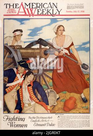 « Molly Pitcher » publié sur 17 juin 1938 dans le magazine American Weekly Sunday peint par Edmund Dulac. L'Amérique a aussi ses vaillants femmes, et l'un de ceux qui est devenu un honneur dans notre histoire est Molly Pitcher. Elle a gagné son nom et sa renommée à la bataille de Monmouth, dans le New Jersey, lorsque les forces de Washington ont raidi les hommes du général Charles Lee contre une nouvelle retraite et ont ainsi sauvé l'armée américaine de la destruction possible. Vingt-quatre ans à l’époque, le vrai nom de Molly était Mary Hays. Son mari était un fantassin qui s'est trouvé détaillé comme un tireur dans la bataille. Banque D'Images