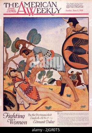 'Penthesilia' a publié 5 juin 1938 dans le magazine American Weekly Sunday peint par Edmund Dulac. Parmi les plus grandes des femmes combattantes, Penthesilea, la magnifique reine d'amazone qui, selon Homer, le poète épique grec, a conduit ses femmes soldats à aider à défendre la Troie antique après la mort du gardien de but Hector. Ses Amazones ont combattu les Grecs, soufflent au coup, leur cri de guerre d'escarmouche frappant la peur dans le courage des coeurs. Aucun homme ne pouvait résister à Penthesilea, reine guerrier, à l'exception d'Achille, le plus noble des ennemis de Troie, dont le javelin a percé son cœur. Ici, l'Achille rodée verte la regarde vers le bas. Banque D'Images