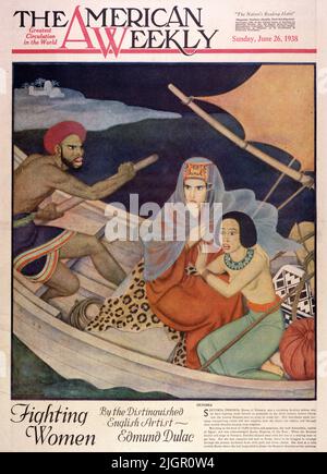 'Zenobia'publié sur 26 juin 1938 dans le magazine American Weekly Sunday peint par Edmund Dulac. Septima Zenobia, Reine de Palmyra, était une veuve arabe ravistante, qui par des combats acharnés se sont rendus si puissante au troisième siècle avant le Christ que les Romains jaloux ont envoyé une armée pour l'écraser. Ses marchands ont fait des fortunes transportant des richesses et des fournitures de guerre au-dessus du désert pour d'autres, et grâce à leur richesse Zenobia est devenu même plus puissant.marchant à la tête de 70 000 guerriers et fers de lance, elle a pris Alexandrie, capitale de l'Égypte, et a été reconnu reine impératrice de l'est. Banque D'Images