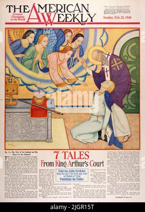 'Le conte de Sir Galahad et sa quête pour le Sangreal 'publié le 25 février 1940 dans le magazine American Weekly peint par Edmund Dulac. Ils disent que Joseph d'Aramathie a apporté en Angleterre, dans une tasse précieuse, le sang vivant - le Sanreal - du Christ. Tant qu’Arthur et sa Table ronde servirent Dieu, le Sangreal se révéla à leur communauté, mais quand leur communauté fut brisée par le péché, le Sangreal disparut et le meilleur des chevaliers d’Arthur s’en alla à la recherche. Sir Launcelot s'est joint à la quête, profondément troublé au coeur, puisque lui et la reine Guienevere avaient fourni la plupart du péché... Banque D'Images