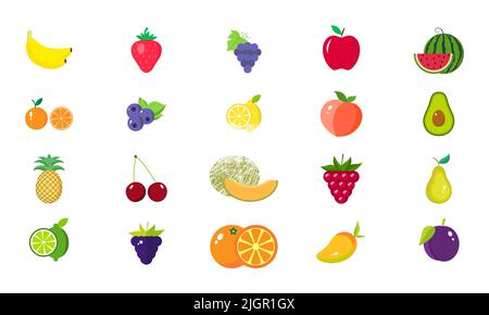 Illustration des 20 fruits frais colorés. Vecteur. Ensemble de fruits d'été. SPE 10. Nourriture végétalienne saine. Collection de vitamines de régime de vegeterian, doux, nat Banque D'Images