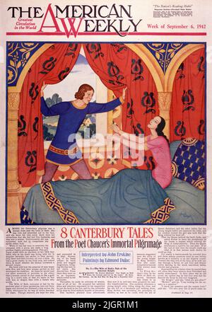 « The Wife of Bath’s Tale of the Amorous Knight » publié le 6 septembre 1942 dans le magazine American Weekly Sunday peint par Edmund Dulac. Parmi les pèlerins de Canterbury était une femme de la ville de Bath. Elle était riche et un peu rouge dans le visage, et elle connaissait son propre esprit. Ce sont ses attractions qu'elle avait eu cinq maris, et qu'elle était maintenant veuve. Malheureusement, elle était quelque peu sourde, mais pour compenser, elle parlait assez fort. Quand c'était à son tour de divertir l'entreprise avec une histoire, elle a fait une longue préface, fortement autobiographique. Ce prologue s'est terminé par une anecdote de son cinquième mari. Banque D'Images