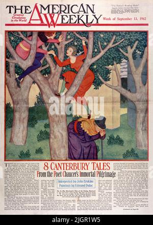 « The Merchant’s Tale of the dracting mari » publié le 13 septembre 1942 dans le magazine American Weekly Sunday peint par Edmund Dulac. Il y avait une fois un homme qui, pendant la plus grande partie de sa vie, est resté un baccalauréat. Ce n’est pas parce qu’il n’a pas admirée les dames. Au contraire. À l'âge de soixante ans, il a commencé à penser bien au mariage, peut-être, comme certains de ses voisins l'ont suggéré, parce qu'il était dans son point de vue, Ou comme d'autres le pensaient, parce qu'il voulait que son comportement soit plus concentré et correct.quand vous en pensez, il a dit, le mariage est la seule condition dans laquelle le confort et la paix sont garantis. Banque D'Images