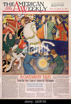 "The Knight's Tale of Emily's Lovers" publié le 16 août 1942 dans le magazine American Weekly Sunday peint par Edmund Dulac. Theseus, le dirigeant d'Athènes, fit la guerre sur les Amazones et fit leur reine, Hippolita, si vous vous souvenez de votre histoire. Une fois capturée, elle a abandonné joyeusement et a abandonné la guerre pour mariage, amenant à Athènes sa sœur Emily, pour avoir quelqu'un à parler quand Theseus pourrait être occupé. Comme cela s'est produit, il était occupé sans délai. Avant d'arriver à la porte d'Athenen, une délégation de veuves lui a attendu de se plaindre que leur mari avait été tué dans une bataille avec Creon,... Banque D'Images