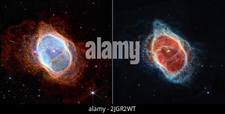 Greenbelt, États-Unis d'Amérique. 02 juillet 2022. Le premier groupe de photos prises par le télescope Webb de la NASA montre une comparaison côte à côte de la nébuleuse de l'anneau sud dans la lumière proche infrarouge, gauche, et mi-infrarouge, droite, libéré du Centre de vol spatial Goddard 12 juillet 2022 à Greenbelt, Maryland. Cette scène a été créée par une étoile naine blanche - les restes d'une étoile comme notre Soleil après qu'il a jeté ses couches extérieures et a cessé de brûler du combustible par fusion nucléaire. Ces couches extérieures forment maintenant les coques éjectées tout le long de cette vue. Credit: NASA/JPL-Caltech/NASA, ESA, CSA, STSci/Alay Live Banque D'Images