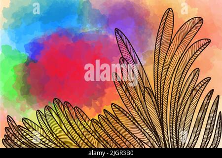 Le ciel au coucher du soleil, buissons, paysage, graphiques, motif, peinture avec traits, tons rouges et jaunes, illustration vectorielle, fond aquarelle Illustration de Vecteur