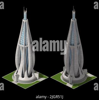 3D illustration futuriste de l'architecture d'un jeu en mosaïque rendu en projection dimétrique au rapport de 2:1 pixels, avec une caméra orthographique à 30° de 2 ang Banque D'Images