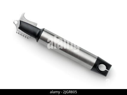 Vue de dessus du zester d'agrumes en acier isolé sur un blanc Banque D'Images