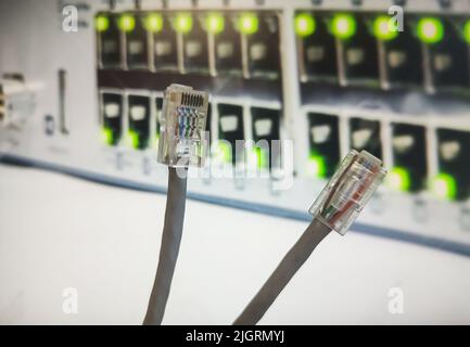 RJ45 câbles devant un tableau de commutation. RJ45 les broches sont utilisées dans une table réseau pour connecter l'équipement Internet Banque D'Images