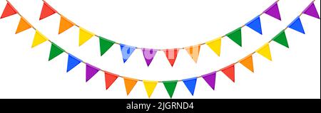 Guirlande LGBT. Chaîne de fanions de couleur arc-en-ciel. Décoration de fête. Drapeaux de célébration triangulaires pour la décoration de fierté. Pied de page et arrière-plan de la bannière Illustration de Vecteur