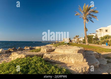 Haifa, Israël - 20 juin 2022, plage de Bat Galim au coucher du soleil, palmiers, mer, marches de grès Banque D'Images