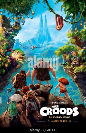 GRAN, THUNK, UGGA, Sandy, l'affiche, que prône GRUG, EEP LES CROODS, 2013 Banque D'Images