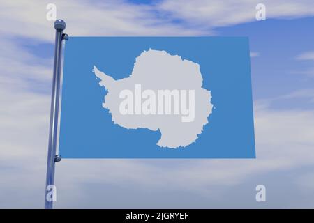 Une illustration en 3D du drapeau de l'Antarctique sur un mât de pavillon avec un fond ciel nuageux Banque D'Images