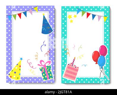 Modèles de cartes d'anniversaire. Illustration vectorielle avec attributs pour le congé. Pour félicitations, invitations, imprimés et affiches. Illustration de Vecteur