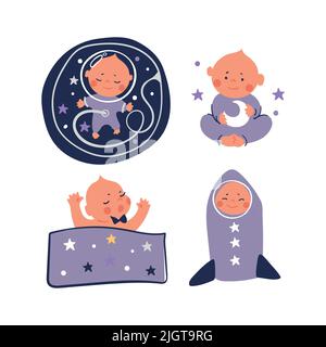 Un ensemble d'illustrations avec un bébé nouveau-né, un petit garçon dans l'utérus, dormant sur son dos, un enfant en pyjama jouant. Le joli personnage de dessin animé plat est Illustration de Vecteur