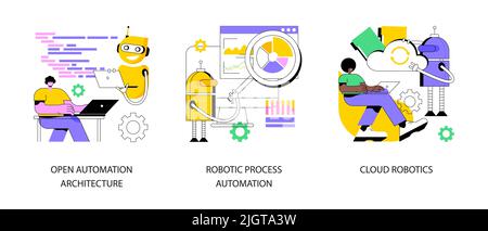 Jeu d'illustrations vectorielles de concept abstrait de logiciel basé sur ai. Architecture d'automatisation ouverte, automatisation des processus robotisés, intelligence artificielle dans le cloud, métaphore abstraite de l'apprentissage à distance des machines. Illustration de Vecteur