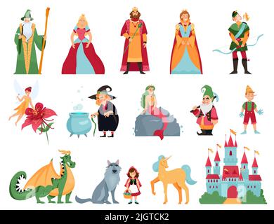 Personnages de conte de fées ensemble de dessins animés de la sirène thumbelina dragon unicorn pinocchio petite cagoule rouge avec illustration vectorielle isolée de loup Illustration de Vecteur