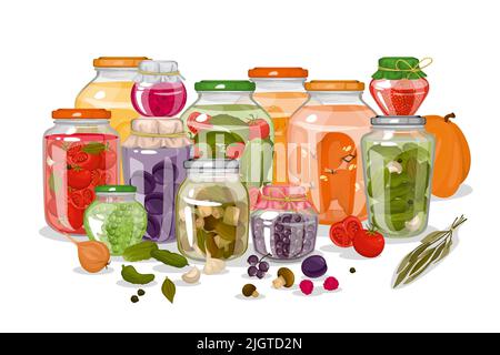 Pickles faits maison composition colorée avec différents pots en verre de forme plein de fruits et légumes en conserve illustration vectorielle plate Illustration de Vecteur