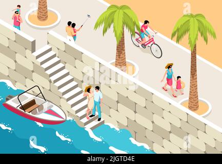 Isométrique mer de vacances composition horizontale avec promenade en plein air paysage avec des gens et des escaliers à couper bateau vecteur illustration Illustration de Vecteur