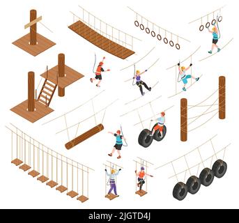 Jeu isométrique de parcage de corde d'éléments d'équipement extrêmes de sorte que les pneus de tyrolienne de marche de l'illustration vectorielle isolée Illustration de Vecteur