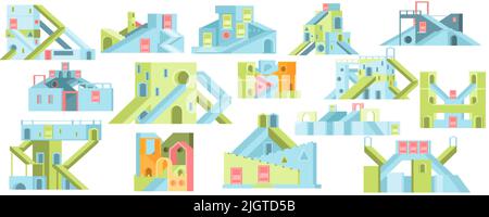 Ensemble plat de labyrinthes et labyrinthes colorés avec de nombreuses fenêtres et portes d'escalier isolées sur l'illustration vectorielle d'arrière-plan vierge Illustration de Vecteur