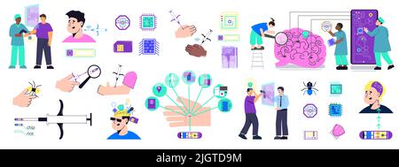 Kit de micro-puce pour animaux de compagnie avec icônes isolées plates de capteurs du cerveau humain connexion à l'illustration vectorielle de gadgets Illustration de Vecteur