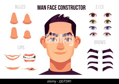 Homme visage éléments constructeurs avec nez yeux brows lèvres et le portrait de personnage masculin dans l'illustration de vecteur de dessin animé central Illustration de Vecteur