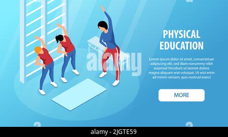 Bannière web horizontale isométrique avec des enseignantes et deux élèves faisant des exercices dans l'éducation physique leçon 3D illustration vectorielle Illustration de Vecteur