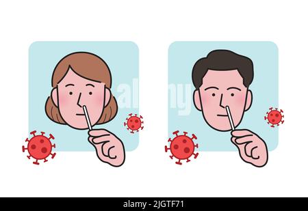 Covid19 jeu de vecteurs plats d'auto-test de l'antigène du coronavirus. Jeune femme caucasienne et homme tenant un écouvillon nasal en coton provenant d'un kit d'auto-test à domicile covid. Illustration de Vecteur