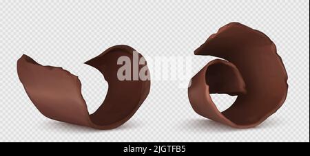 Boucles de chocolat, copeaux ou morceaux de nourriture douce isolés sur fond blanc. Production de cacao, décoration de gâteau, chocolat délicieux bruns boutures de dessert amer illustration réaliste de 3D vecteurs Illustration de Vecteur