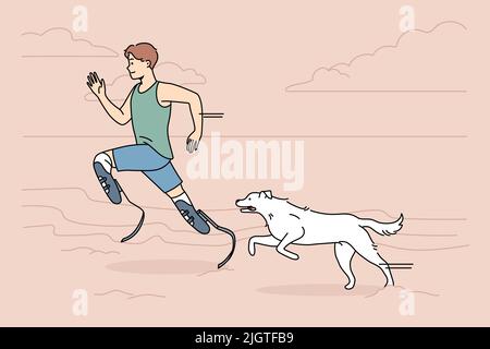 Athlète avec prothèses courir avec un chien sur la plage. Homme aux jambes prothétiques s'entraîner à faire du jogging avec un animal à l'extérieur. Sport et handicap. Illustration vectorielle. Illustration de Vecteur