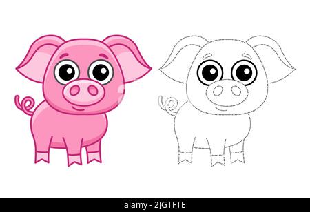 Coloriage animal de ferme pour enfants livre de coloriage. Cochon drôle dans un style de dessin animé. Tracez les points et coloriez l'image Illustration de Vecteur