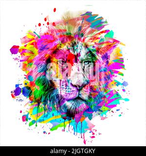 Tête de lion avec élément abstrait créatif coloré sur fond blanc art de couleur Banque D'Images