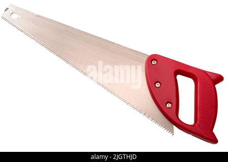 Scie manuelle métallique avec poignée en plastique rouge isolée sur fond blanc avec découpe de chemin de coupure concept pour l'outil d'amélioration de la maison, métier Banque D'Images
