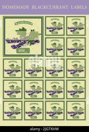 Étiquettes de cuisine pour confiture. Autocollants pour la protection de la maison. Confiture de cassis. Autocollants pour le traceur. Illustration de Vecteur