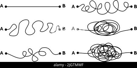 Concept de solution à méthodes dures, moyennes et faciles illustré par des lignes droites et enchevêtrées. Décision de chemin simple et complexe. Illustration vectorielle. Illustration de Vecteur
