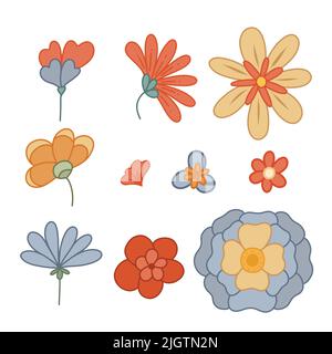 Ensemble de fleurs roovy rétro. Vecteur hippie clipart avec différentes fleurs isolées de l'arrière-plan. Image rétro fleurie pour autocollants et scrapbooking Illustration de Vecteur