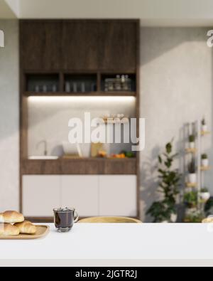 Table de salle à manger blanche avec un verre de café glacé, pains dans le panier et espace de copie pour le montage de votre produit sur le spa de cuisine moderne flou Banque D'Images