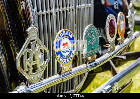 Badges à l'avant d'une voiture Morris Eight série E d'époque au Berkshire Motor Show à Reading, Royaume-Uni Banque D'Images