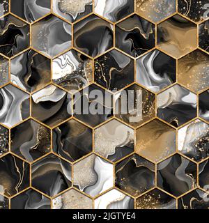 Encre texture sans couture hexagonale avec or. Arrière-plan abstrait Banque D'Images