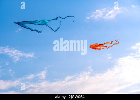 Cerfs-volants orange et bleu sur le fond d'un ciel bleu avec des nuages Banque D'Images