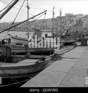 15. Italie. Le journal photo est disponible à B.M.A. + albums photo. Acquisition : livres et documents d'archives. Photos prises 1959-10-28,12 photos en série. Selon les notes: Italie. Côte Adriatique, Trani, 28/10 -59. Chalutiers dans le port. A plusieurs bateaux sont situés dans un port, dans une communauté. Banque D'Images