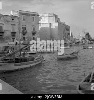 15. Italie. Le journal photo est disponible à B.M.A. + albums photo. Acquisition : livres et documents d'archives. Photos prises 1959-10-28,12 photos en série. Selon les notes: Italie. Côte Adriatique, Trani, 28/10 -59. Petits bateaux sur l'eau. A plusieurs bateaux sont situés dans un port, dans une communauté. Banque D'Images